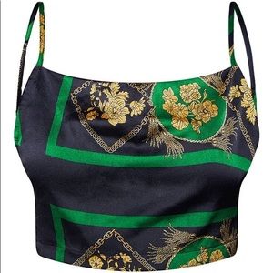 Green Printed Cowl Neck Tie Back Crop Top